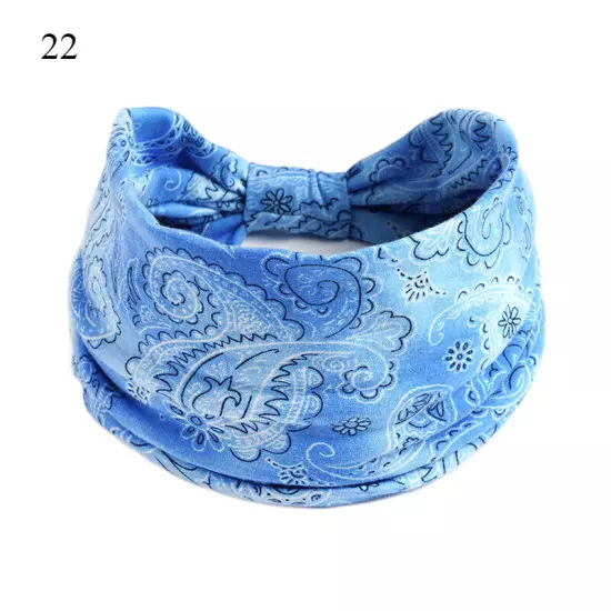 Women Boho Flower Print Wide Headband Vintage Knot Elastic Turban Headwrap *