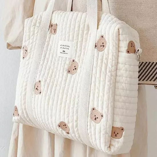 Flower Embroidery Pattern Baby Beige Cotton Fabric Zipper Diaper Handbag Bag