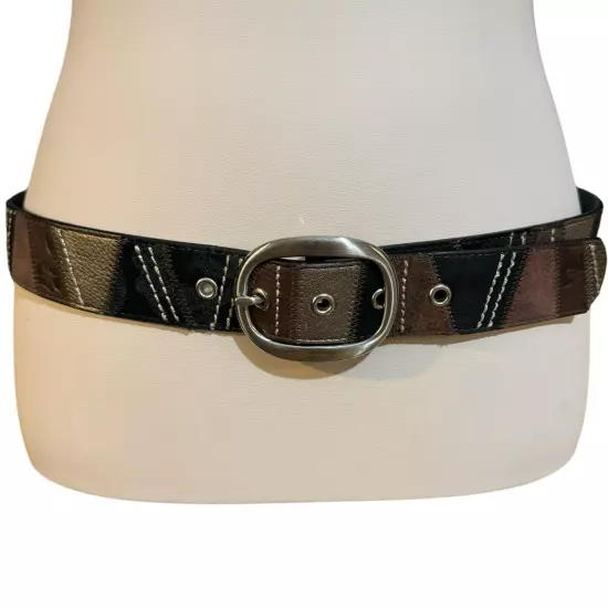 Fossil Patchwork Leather Statement Belt Black Brown Gray Size Medium Boho Silver