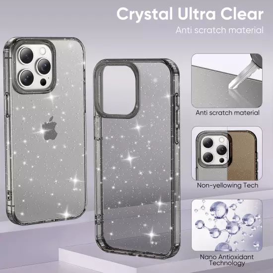 For iPhone 16 Pro Max 15 14 13 12 11 Slim Glitter Transparent Clear Phone Case