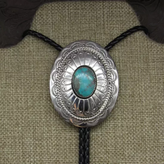 Navajo Hand-Stamped Sterling Silver Turquoise Bolo Tie By Wilbur Musket