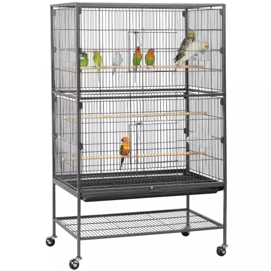 Metal 52-Inch Large Rolling Bird Cage with 3 Perches 4 Feeders