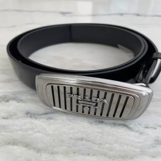 Prada Belt Men Size 40 Black W Silver Buckle