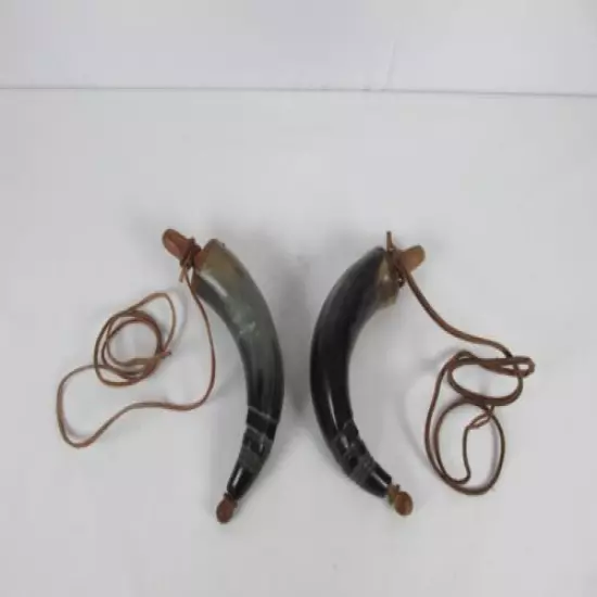 VINTAGE BLACK POWDER HORN WITH LEATHER STRAP LOT of 2