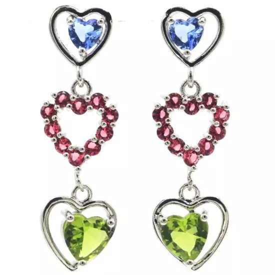 Colorful Created Heart Shape Tanzanite Garnet Green Peridot CZ Silver Earrings