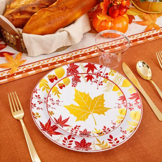 KIRE 150PCS Thanksgiving Plates Dinnerware Maple Leaves - Plastic Thanksgivin...