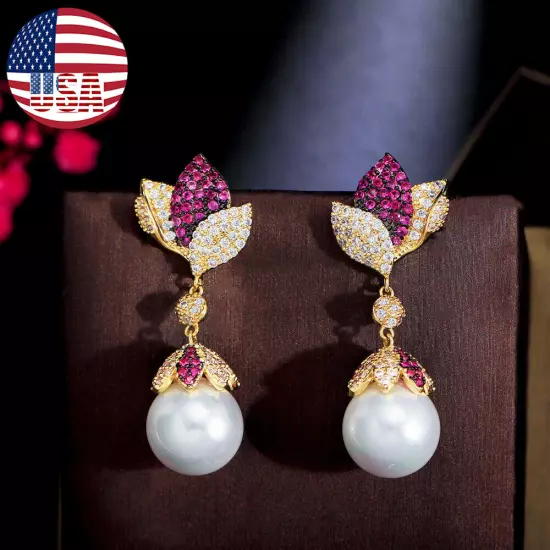 Multi-Tone Gold Plated Red CZ Long Leaf Dangle Drop Pearl Wedding Party Earrings