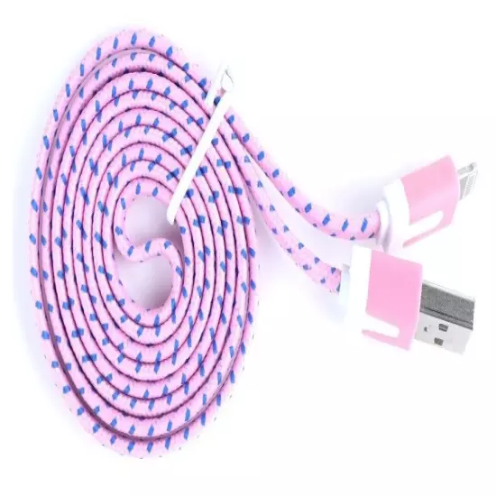 10-foot USB Cable Flat Braided For iPhone 14, 13, 12, X, 8,7,6,5. 10 colors. 001