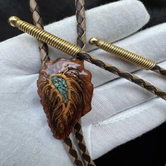 Vintage Bolo Tie Native Wood Turquoise Inlay ￼ Resin Western