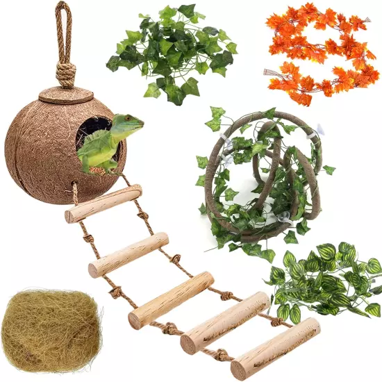 Leopard Gecko Habitat Decor Set with Coconut Shell Ladder and Colorful Plants