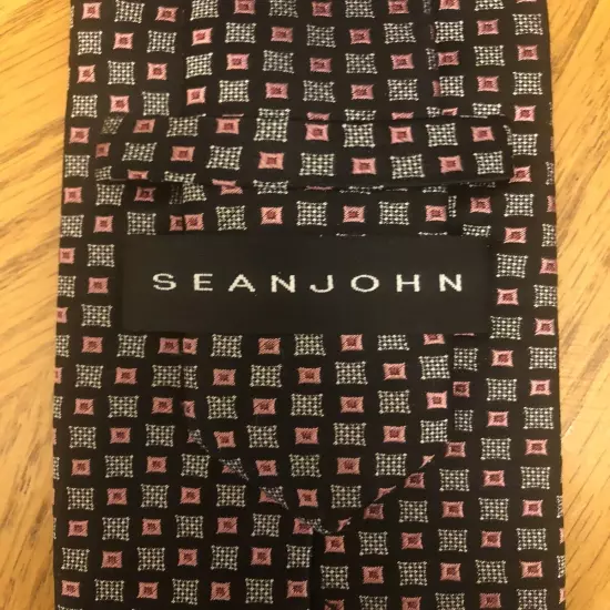 Sean John Silk Tie, Pink Black & Silver Geometric Square Design 