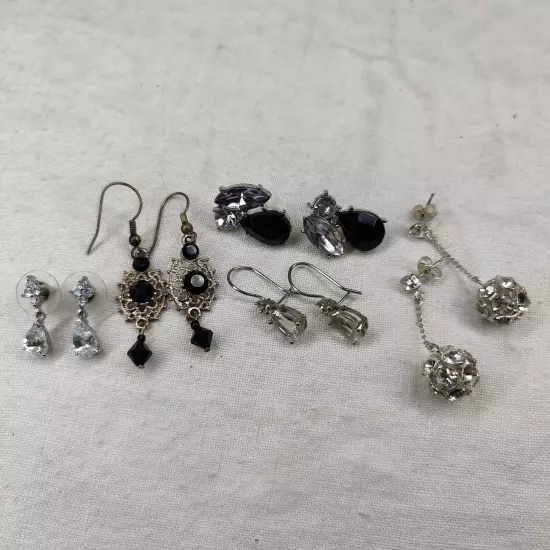 Lot Of 5 Vintage & Modern Costume Rhinestone Earrings Dangle Hoop Silver Tone