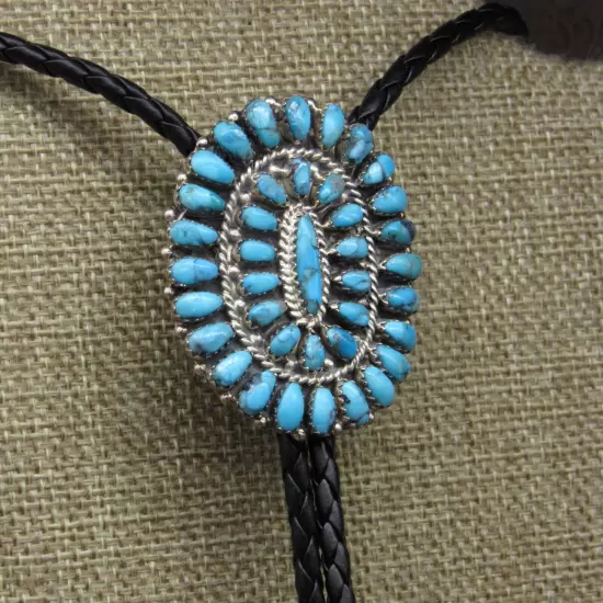 Navajo Sterling Silver Oval Turquoise Cluster Bolo Tie By Anita Whitegoat