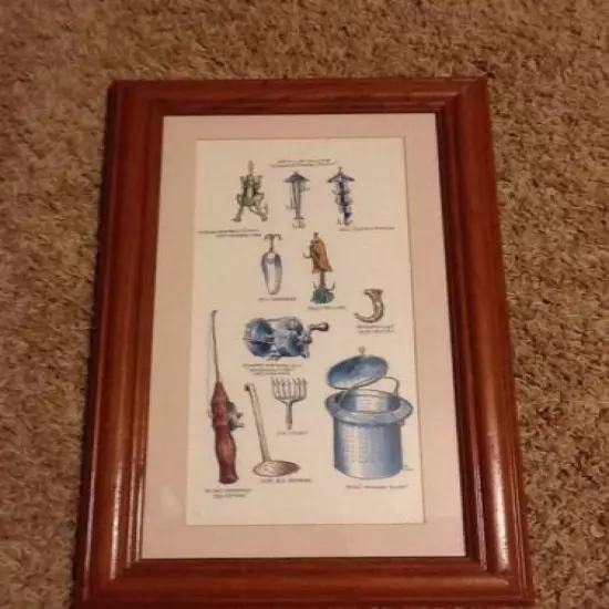 Framed matted print antique fishing equipment lures basket reel pole 10 x 18