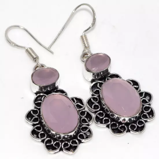 925 Silver Plated-Pink Chalcedony Ethnic Long Gemstone Earrings Jewelry 2" JW