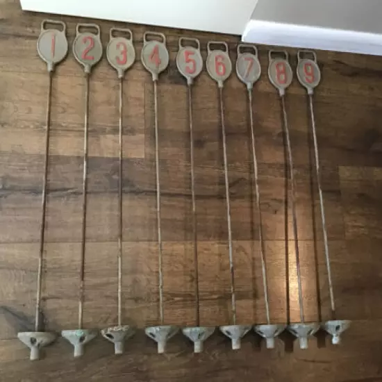 COMPLETE SET 9 ANTIQUE CAST METAL GOLF HOLE PIN MARKERS WOOD SHAFT GOLF CLUB ERA