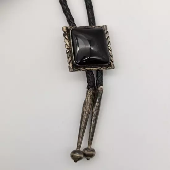 Vtg Onyx & Sterling Silver Nakai Navajo Signed Rectangle Bolo Tie Black Leather