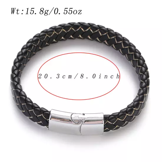 Genuine Leather Braided Bracelet Magnetic Buckle Band Men Stainless Steel Bangle