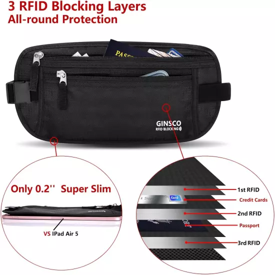 Black Hidden Money Belt For Travel Shopping RFID Blocking Passport Holder 11"