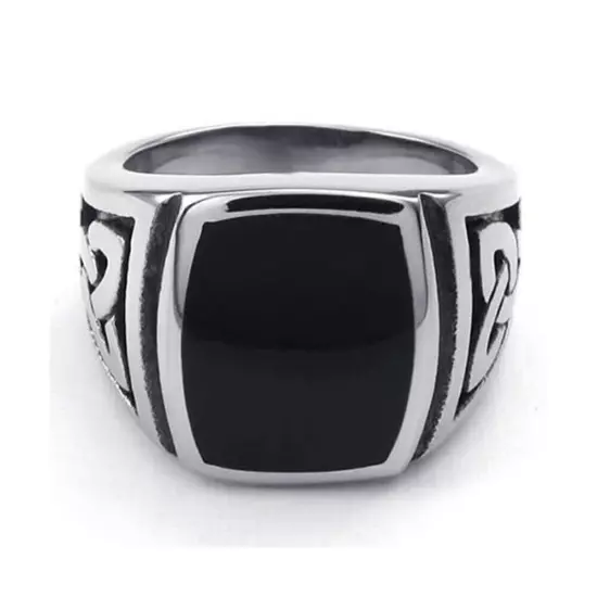 Black Enamel Vintage Celtic Knot Signet Ring Stainless Steel Men's Biker Ring