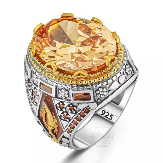 925 Sterling Silver Orange Citrine Stone Turkish Handmade Men's Ring