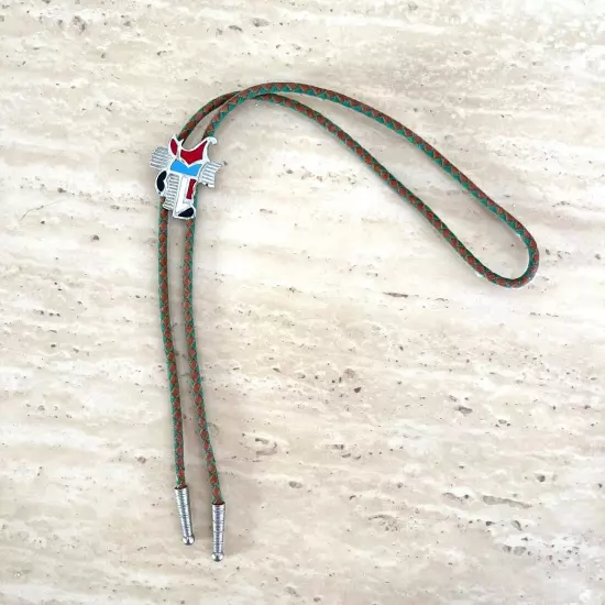 Silver Toned Saddle Bolo Tie with Red, Blue and Black Enamel Inlay