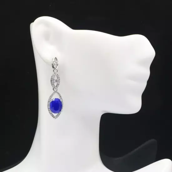 Beautiful Blue Sapphire White CZ For Women Daily Wear Silver Earrings 