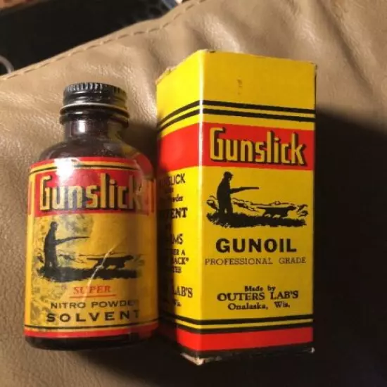 Vintage Outers gun Gunslick solvent glass bottle In Org Box.