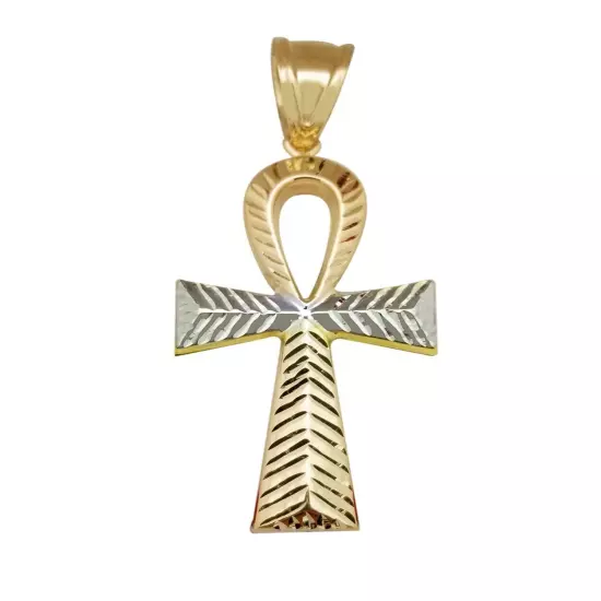 Mens Ankh Cross Pendant 10k Yellow Gold Diamond Cut Egyptian Ankh Cross 2.25 in