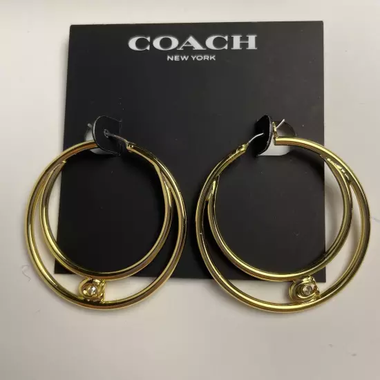 Earrings Coach Double Hoop Gold With Crystal In The Signature C New With Tags