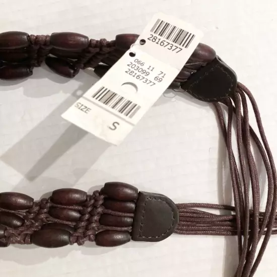 Talbots Beaded Tie Belt Fringe Brown Woven Braided Rope Tassel Retro Boho Hippie