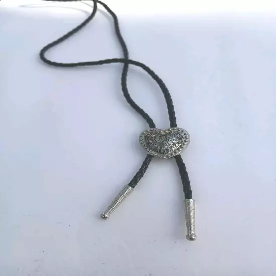 Silver Heart Shape Bolo Tie W/ 36" 4mm Black Braided Cord W/1.25 " Silver Tips