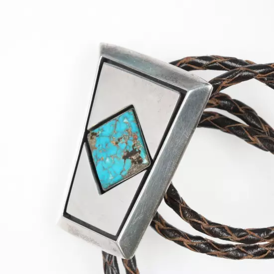 c1970 Alberto Contreras Sterling Modernist bolo tie with turquoise 40"