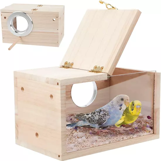 Parakeet Nesting Box Transparent Bird House for Cage Natural Wood Breeding Box f