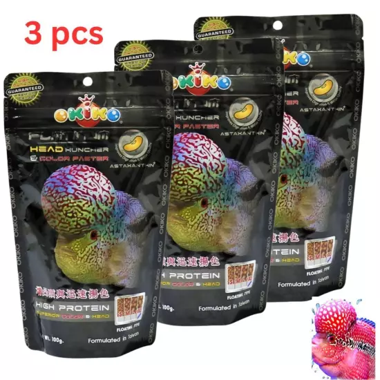 3x Fish Food Okiko Platinum Head Huncher Cichlid Flowerhorn Color Faster 100 g