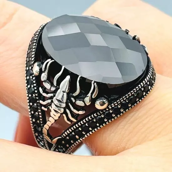 Scorpion Detailed Black Zircon Gemstone 925 Sterling Silver Men's Ring, All Size