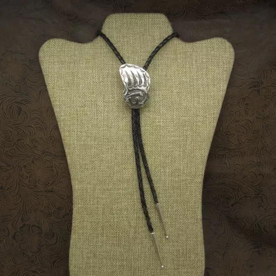 Navajo Sterling Silver Etched Bear Paw Bolo Tie By Kenneth Jones