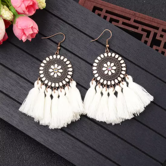 Fashion Women Bohemian Earrings Long Tassel Fringe Drop Dangle Ear Stud Jewelry