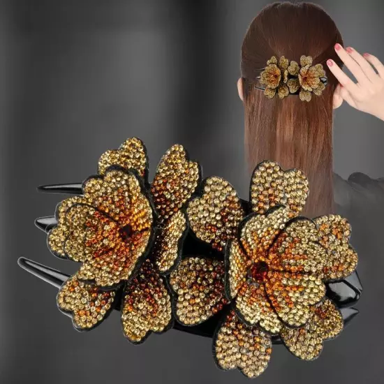 Ladies Rhinestone Double Flower Hair Clip Barrettes Crystal Comb Large Catch 1x-