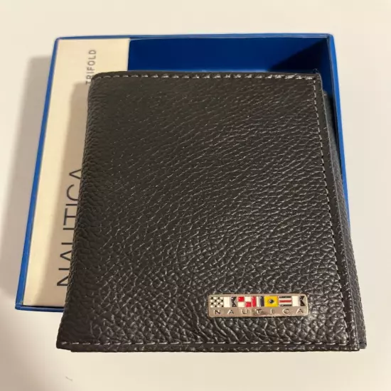 NAUTICA MEN'S TRIFOLD BLACK GENUINE LEATHER WALLET - NWT