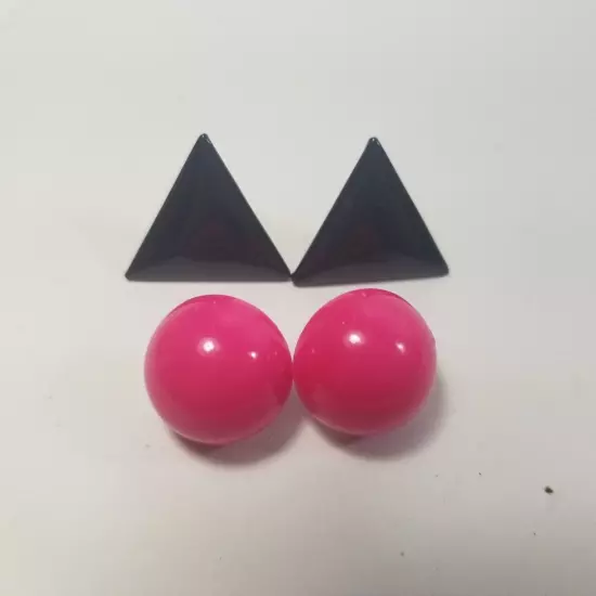 Vintage Pink Black Triangle Round Dome Pierced Earrings Mod 80s 90s