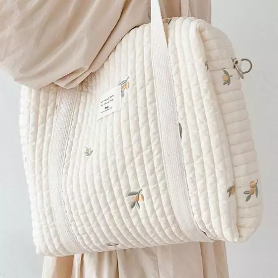 Flower Embroidery Pattern Baby Beige Cotton Fabric Zipper Diaper Handbag Bag