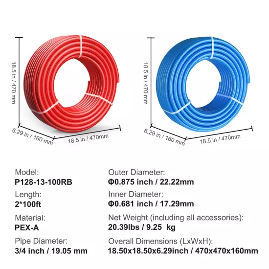 VEVOR 3/4” 2x100ft Blue& Red PEX-A Tubing/Pipe for Potable Water with Cutter