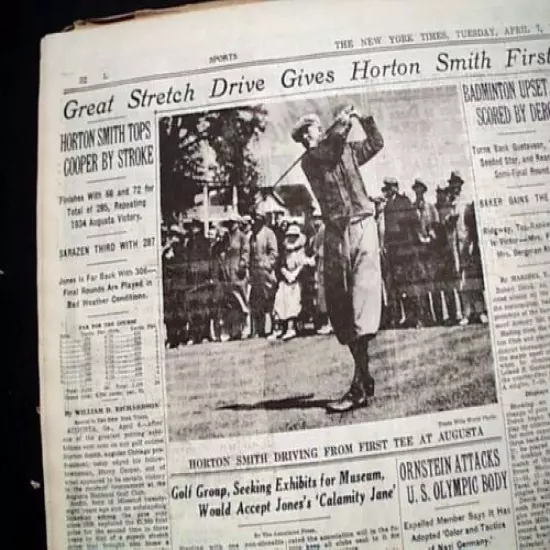 THE MASTERS TOURNAMENT Horton Smith Wins Golf Major at Augusta GA 1936 Newspaper