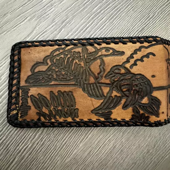 Vintage Hand Tooled Brown Leather Wallet Bifold Fish/Duck Lake Scene