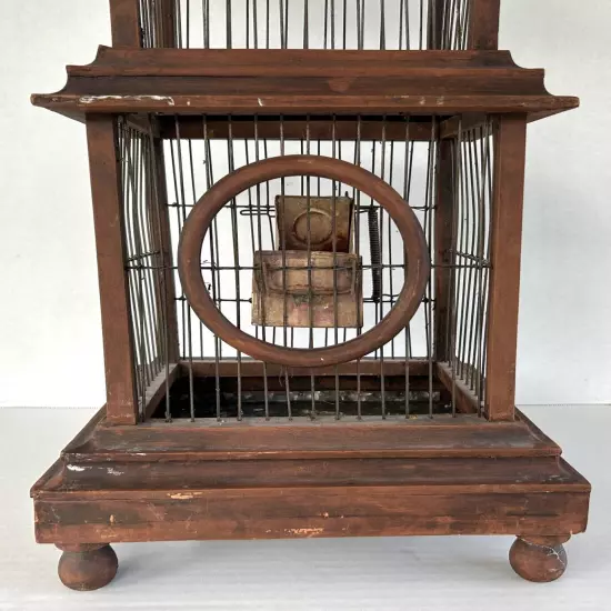 Vintage Bird Cage 30" Pagoda Style Brown Wood & Wire Large Floor Standing Cage