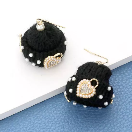 Black Pearl Key Heart Lock Embellished Knit Beanie Hat Dangle Earrings