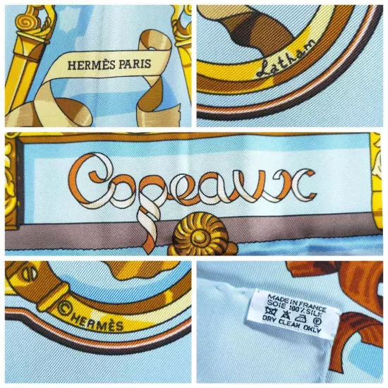 HERMÈS Scarf Carres 90 Light Blue Gold Silk Ogagasa Pattern Women France