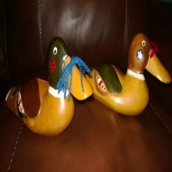 Vintage Pair of Folk Wooden Hand Carved,Hand Painted Mallard Duck Decoys