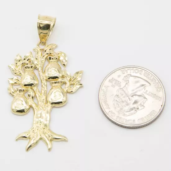 1 3/4" Diamond-Cut Money Bag Tree Luck Pendant Solid Real 10K Yellow Gold